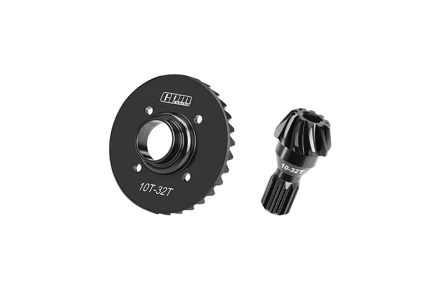 GPM Racing black carbon steel 32T differential gear and 10T input pinion gear set for RC cars.