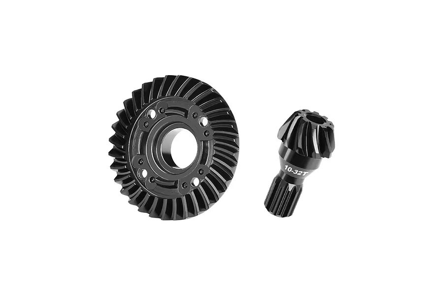 A black metal 32T differential ring gear and a 10T input pinion gear for an RC vehicle.