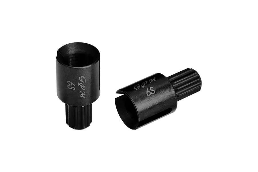 Two black GPM hardened steel differential drive cups for RC cars, shown from different angles against a white background.
