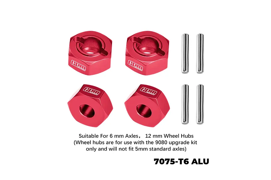 Four red anodized aluminium 12mm hex wheel hubs and four metal drive pins from GPM Racing, displayed on a white background.