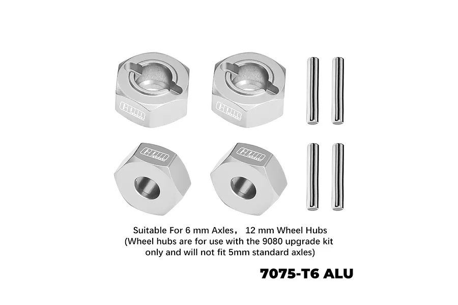 Four silver GPM Racing aluminium 12mm wheel hex adapters with two included pins, displayed on a white background.