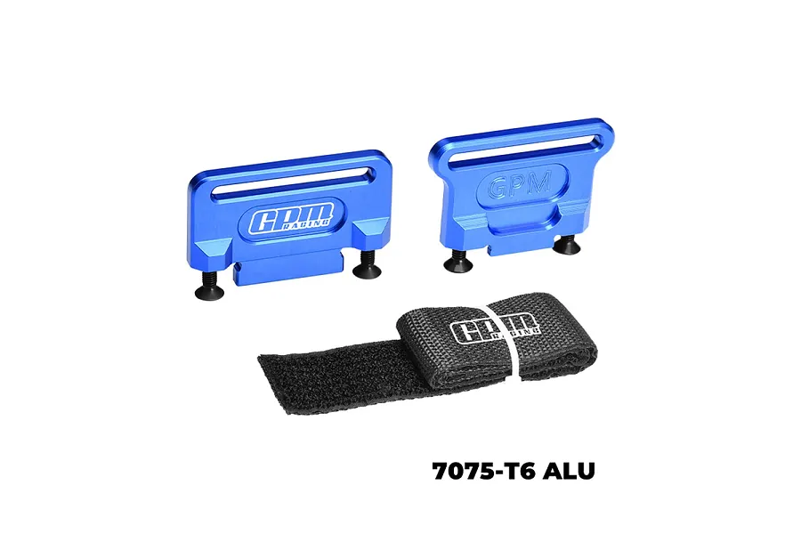 GPM Racing blue aluminium battery retainers with mounting screws and a black velcro strap on a white background.