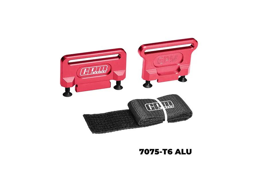 GPM Racing red anodized aluminium battery retainers with a black velcro strap on a white background.