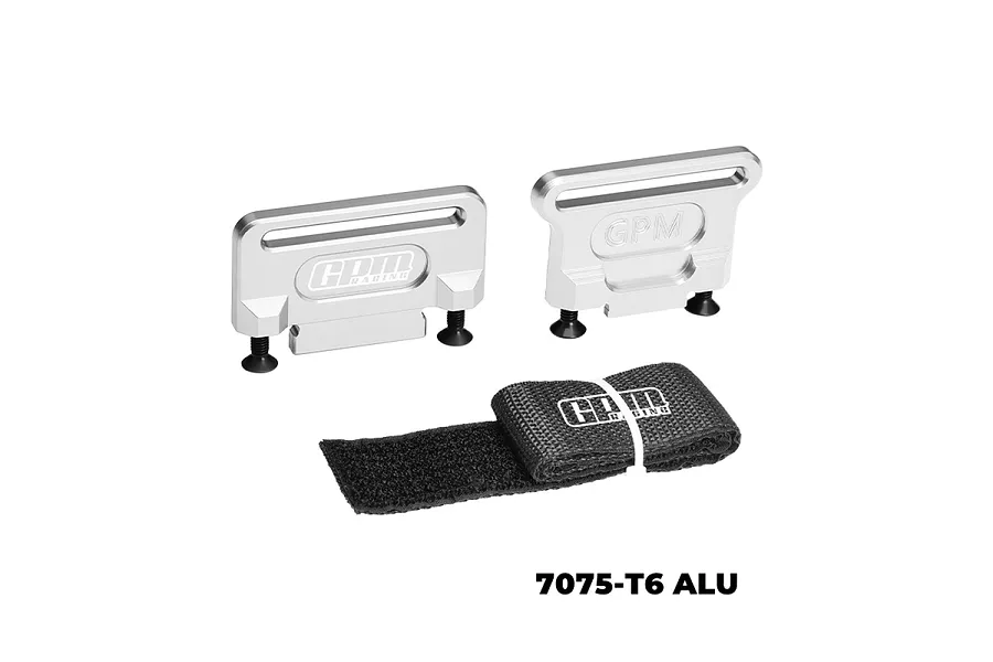 GPM Racing silver aluminium battery retainers with black screws and a black velcro strap on a white background.