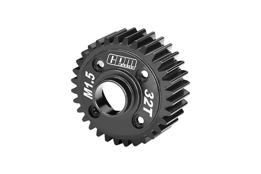 A black GPM Racing 32T 1.5Mod differential gear for RC cars, featuring a central hub and four mounting holes, isolated on a white background.