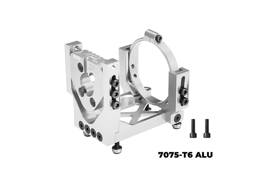 Silver GPM Racing aluminium oversized motor mount and base for RC cars, featuring a circular motor clamp and mounting screws on a white background.