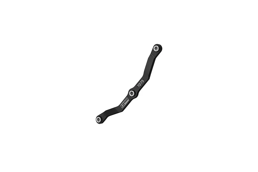 A black GPM Racing aluminium steering link rod for RC cars, featuring a bent design and silver mounting points, isolated on a white background.