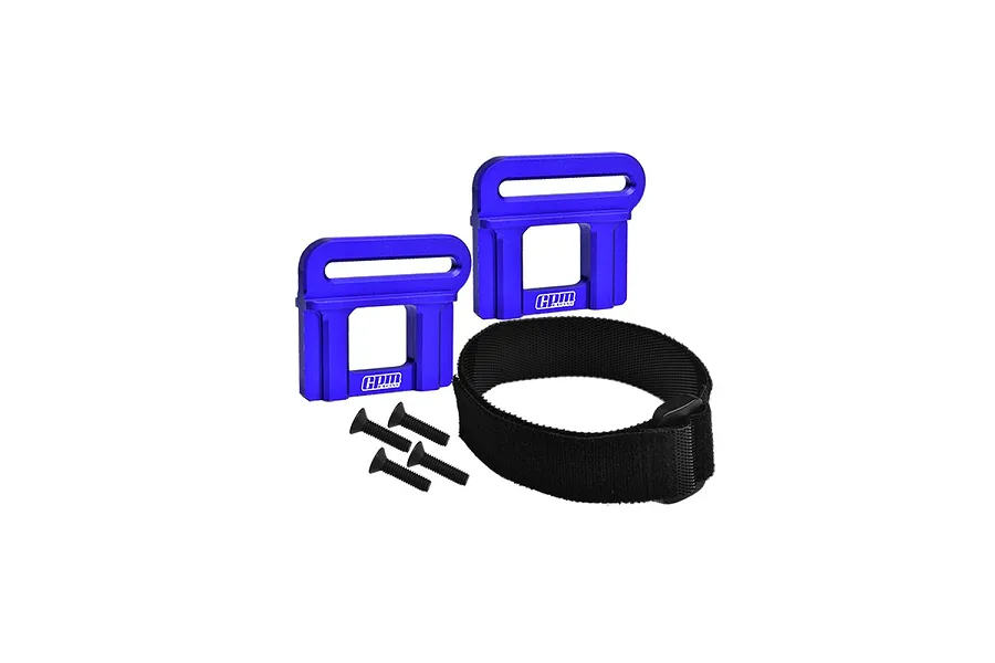 GPM Racing blue aluminium battery hold down retainers with a black velcro strap and four mounting screws.