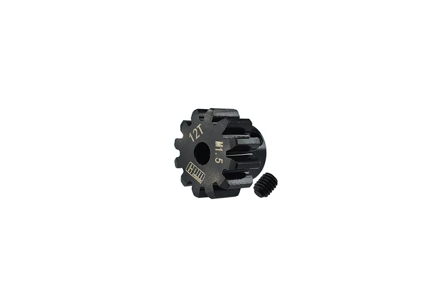 A black GPM Racing 12T 1.5Mod pinion gear with a small grub screw, isolated on a white background.