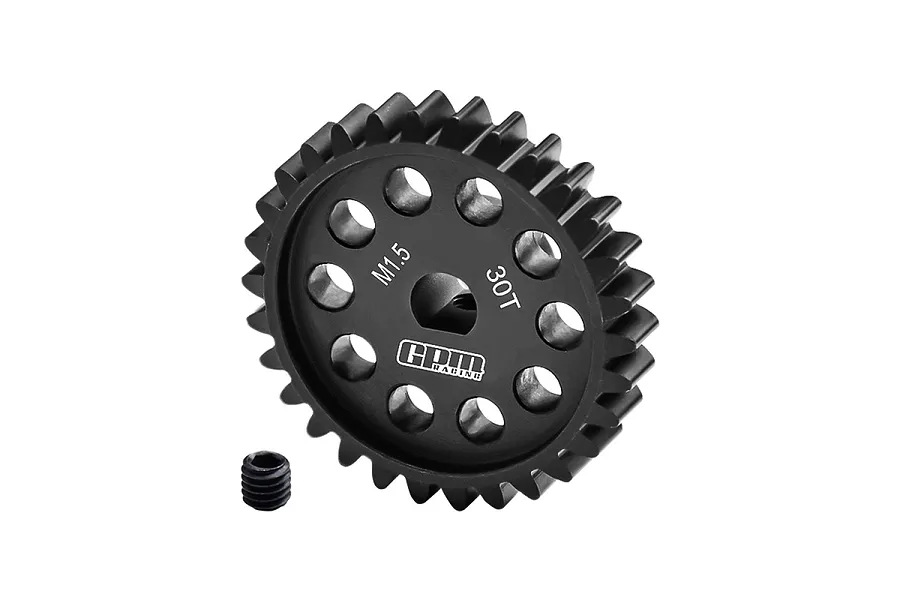 A black GPM Racing 30T 1.5Mod pinion gear with a small grub screw on a white background.