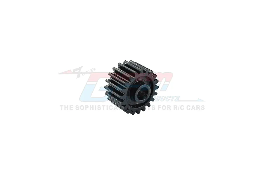 A black 20-tooth carbon steel transmission input gear for RC cars, shown against a white background with a faint GPM Racing logo watermark.