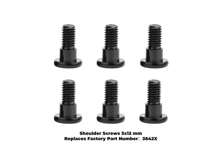 Six black GPM Racing 3x12mm shoulder screws arranged in two rows of three against a white background.