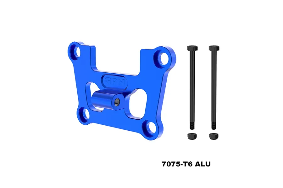 GPM Racing blue anodized aluminium front bulkhead mount with two long black screws and two nuts on a white background.