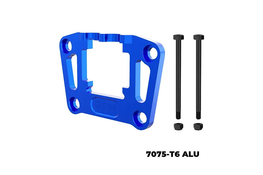 GPM Racing blue anodized aluminium rear bulkhead mount with two long black screws and nuts on a white background.