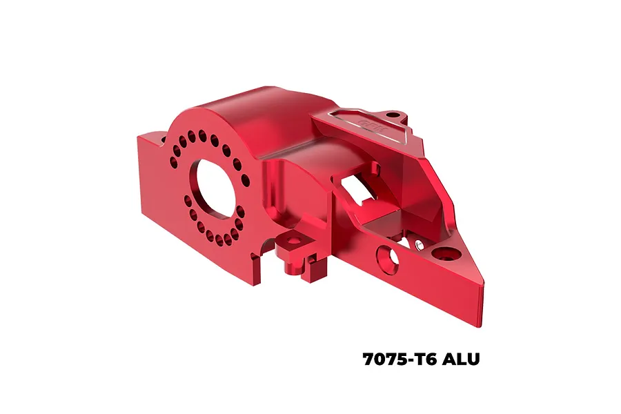 A red anodized aluminium integrated motor base for RC cars by GPM Racing, shown against a white background.