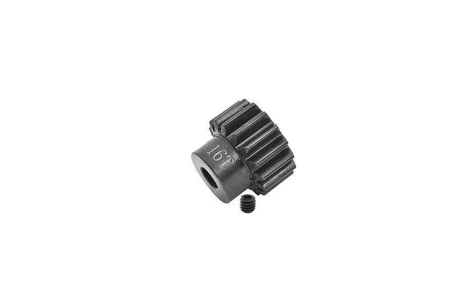 A black hardened steel 16T 1Mod pinion gear for RC vehicles, shown with a small grub screw on a white background.