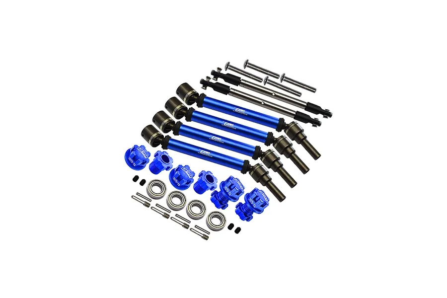 GPM Racing upgrade kit featuring blue aluminium CVD driveshafts, steering links, wheel hexes, ball bearings, and hardware on a white background.