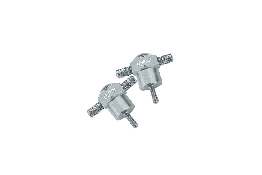 Two silver GPM aluminium spare tyre locking nuts for RC vehicles, shown against a plain white background.