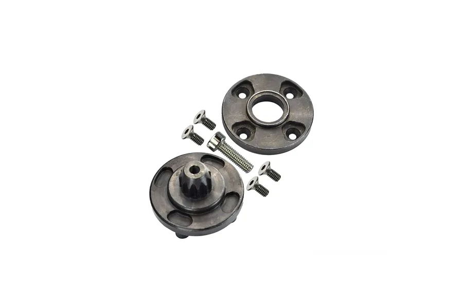 GPM Racing hardened steel planetary gear case components including two circular metal housings and five assorted screws on a white background.