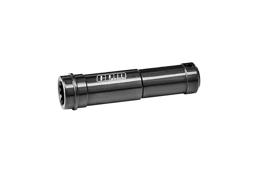 A GPM Racing hardened steel centre front driveshaft for RC cars, featuring a dark metallic finish and the GPM logo printed on the side.