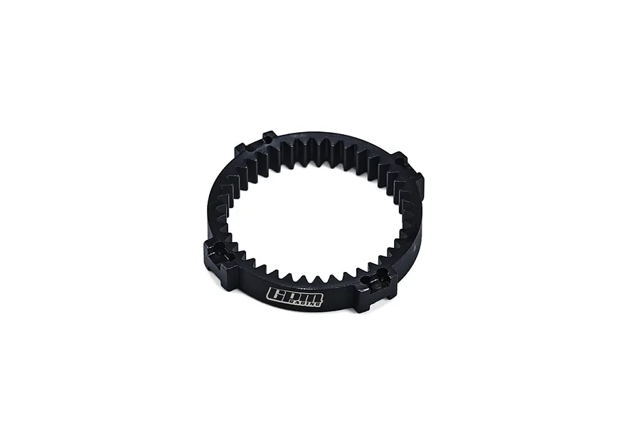 A black GPM Racing steel planetary ring gear for RC vehicles, shown from a slightly elevated angle against a white background.