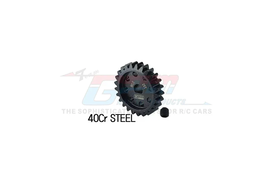 A black GPM Racing 25T 1.5Mod pinion gear made of 40Cr steel, shown with a small grub screw on a white background.