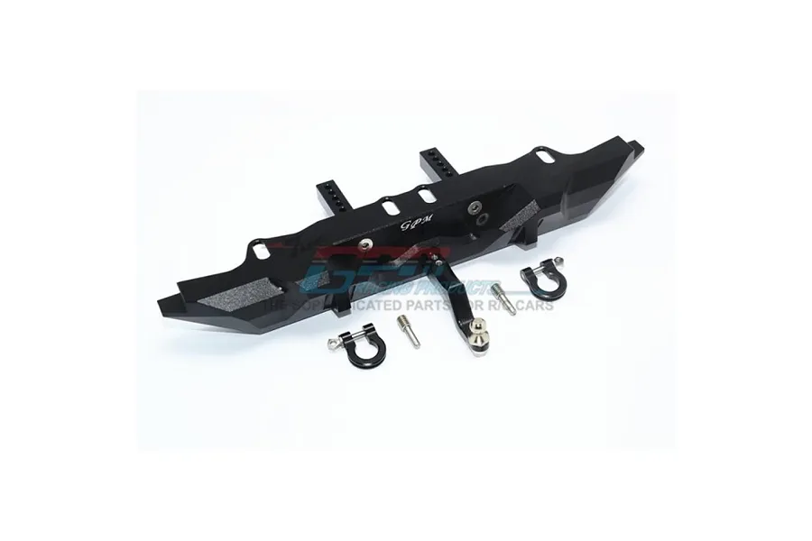 A black aluminium RC rear bumper with two D-rings and a drop hitch attachment, shown on a white background.
