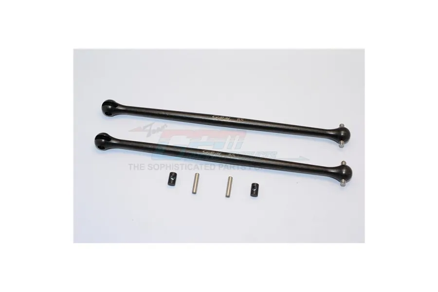 Two black steel GPM Racing RC driveshafts with small pins and barrels on a white background.