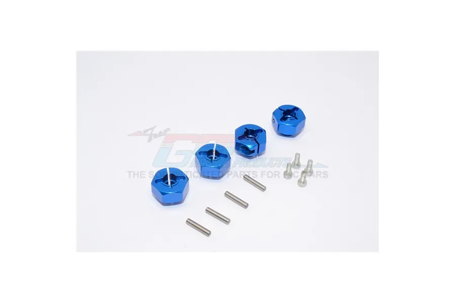 Four blue anodized aluminium wheel hex adapters with four pins and four small screws arranged on a white background.