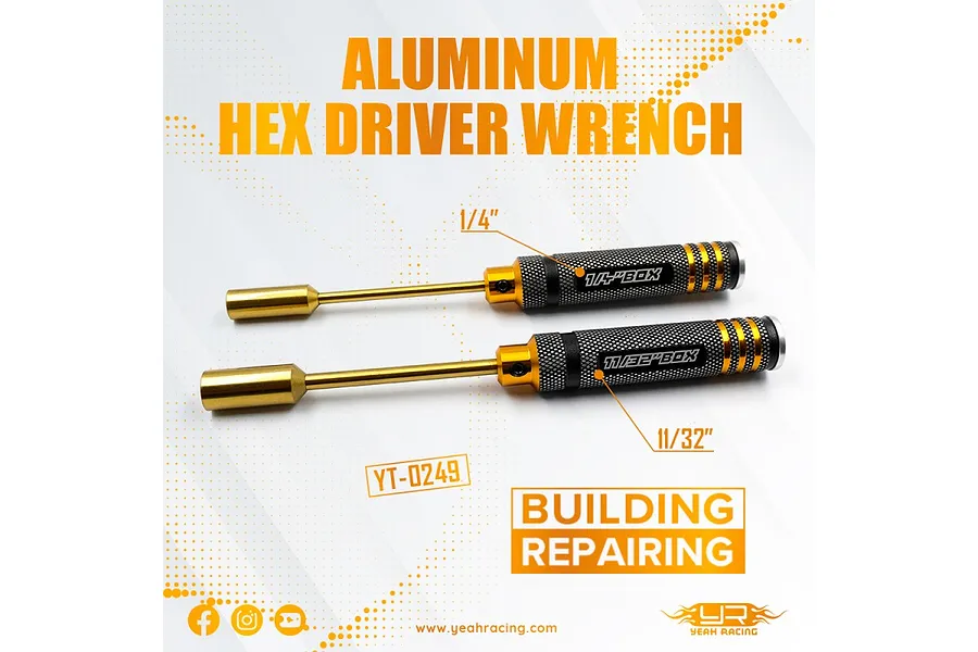 Yeah Racing Aluminium 1/4&amp;quot; and 11/32&amp;quot; Nut Driver Wrenches 2Pcs - Black/Gold image 131746
