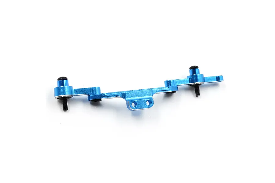 A blue anodized aluminium steering tie-rod assembly for RC cars, featuring two mounting posts with black screws.