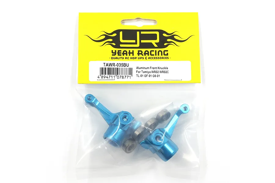 Yeah Racing blue aluminium front steering hubs for Tamiya RC cars in original retail packaging.