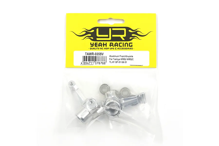 Yeah Racing silver aluminium front steering hubs in original retail packaging with yellow header card.