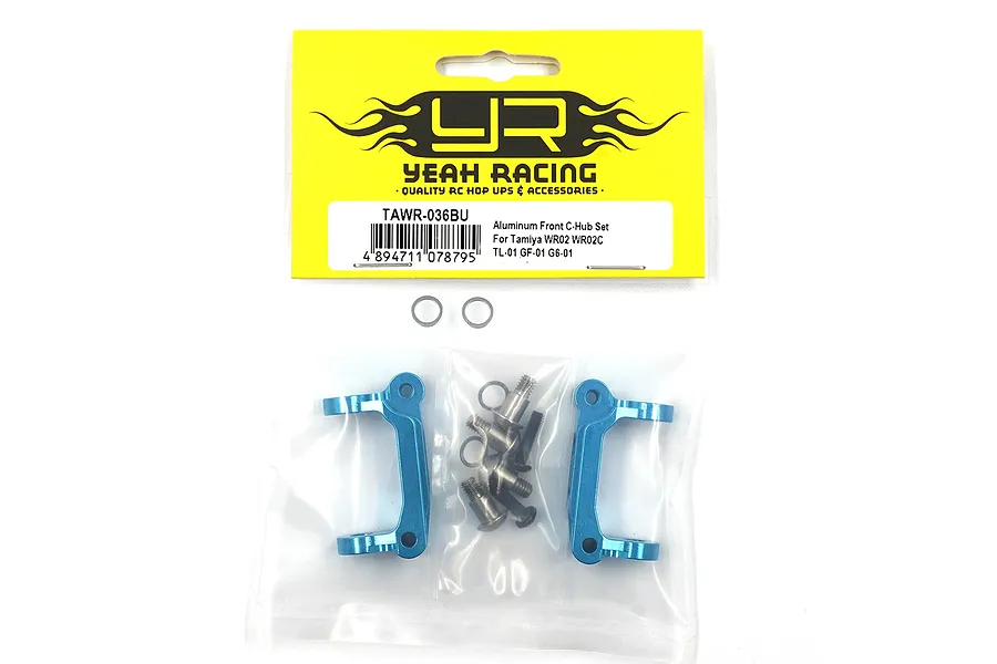 Yeah Racing blue aluminium front C-hub carriers for Tamiya RC vehicles in original branded packaging.