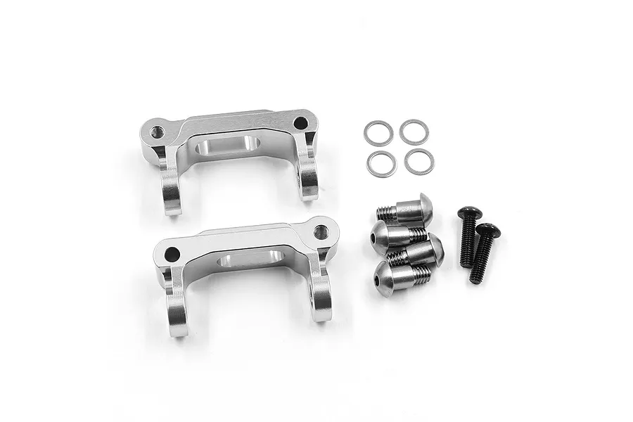 A pair of silver aluminium RC front hub carriers with included washers and screws on a white background.