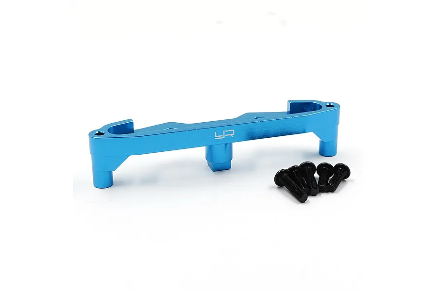 A blue anodized aluminium front shock tower for RC cars by Yeah Racing, accompanied by five black metal screws on a white background.