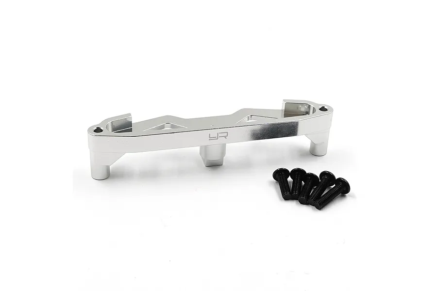A silver aluminium front shock tower for an RC car by Yeah Racing, shown with five black mounting screws on a white background.