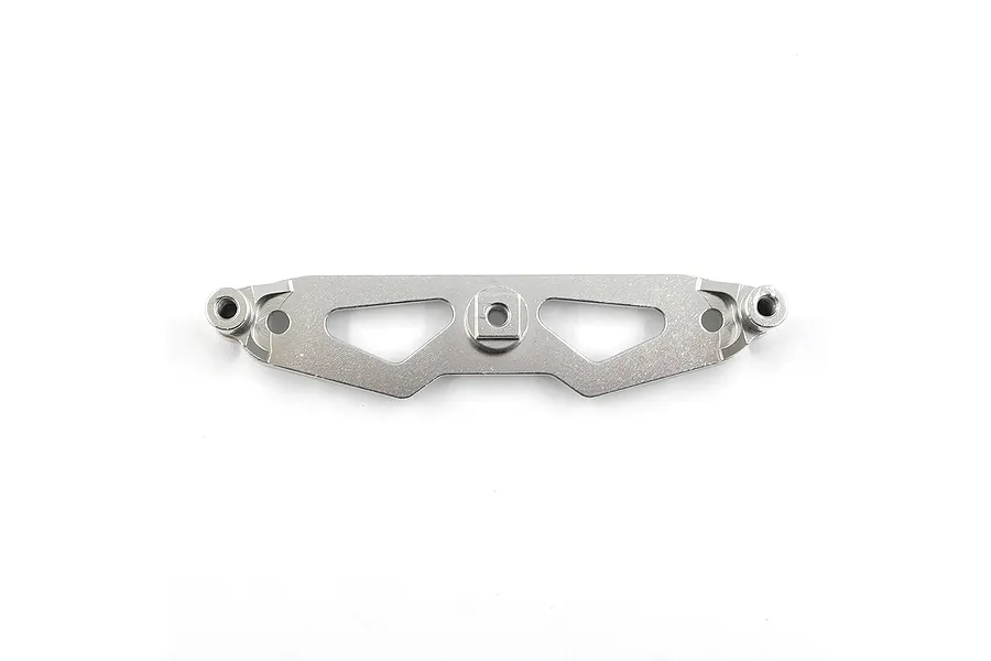 A silver aluminium front shock tower for an RC car, featuring a flat, machined design with triangular cutouts and mounting holes.
