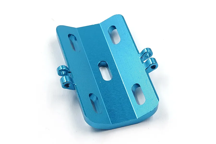 A blue anodized aluminium motor guard for RC cars, featuring mounting slots and side tabs, isolated on a white background.