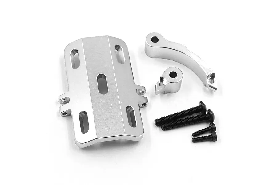 A silver aluminium motor guard set for RC cars, including a main plate, two small mounting brackets, and four black screws, isolated on a white background.