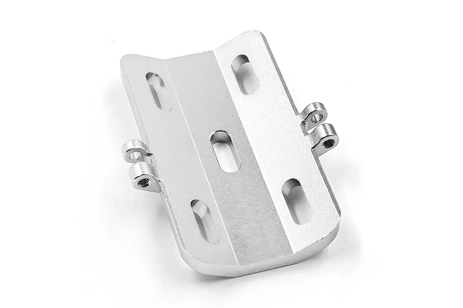 A silver aluminium motor guard for RC cars, featuring a flat mounting plate with multiple slotted holes and two small hinge-like tabs on each side.