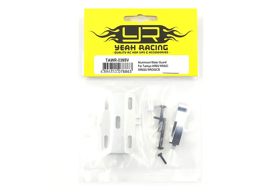 Yeah Racing Aluminium Motor Guard for Tamiya WR02 in silver, packaged in a clear plastic bag with a yellow header card.