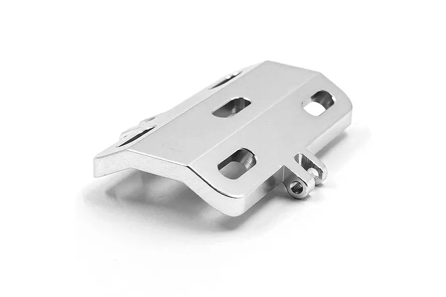 A silver aluminium motor guard for RC cars, featuring mounting slots and a threaded hole, isolated on a white background.