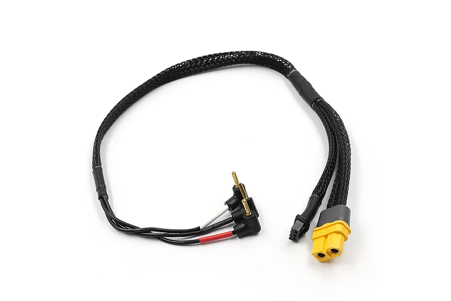 Yeah Racing charging lead with XT60 connector, balance plug, and three angled bullet plugs on a white background.