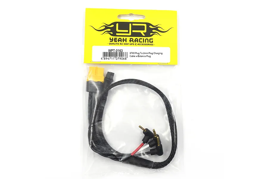 Yeah Racing WPT-0163 LiPo charging lead with XT60 connector and 2mm angled bullet plugs in retail packaging.
