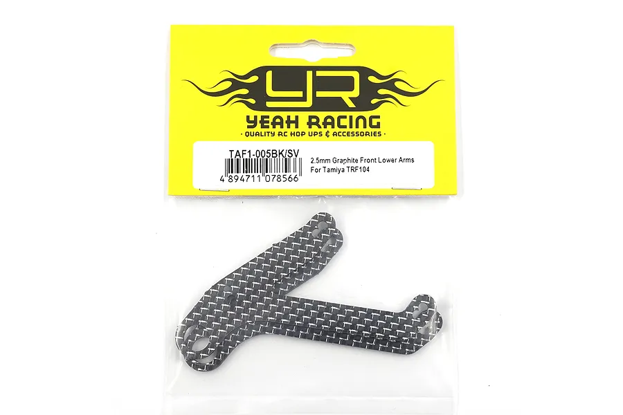 Two Yeah Racing carbon fibre front lower arms for Tamiya TRF104 in original yellow and clear plastic packaging.