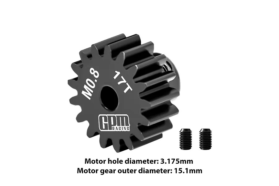 A black GPM Racing 17T 0.8Mod pinion gear with two grub screws, shown on a white background with technical specifications printed below.