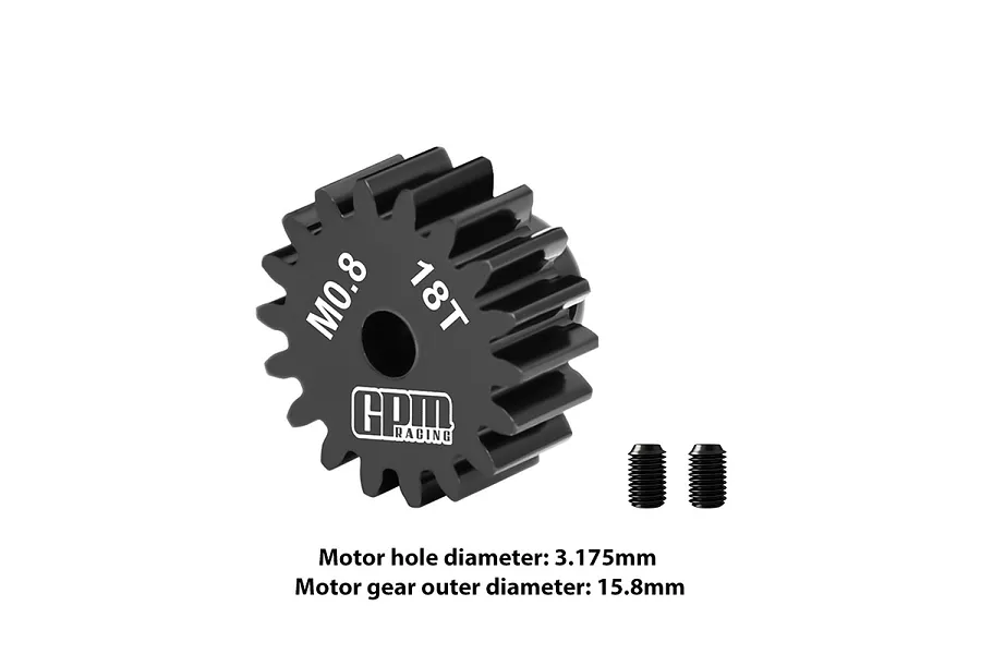A black GPM Racing 18T 0.8 module pinion gear with two grub screws on a white background.