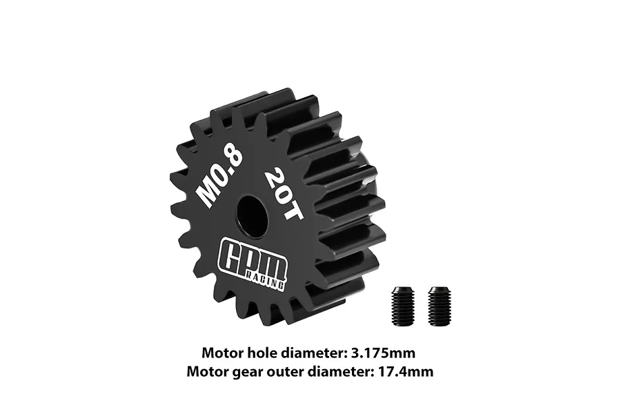 A black GPM Racing 20T 0.8 module pinion gear with two grub screws on a white background.