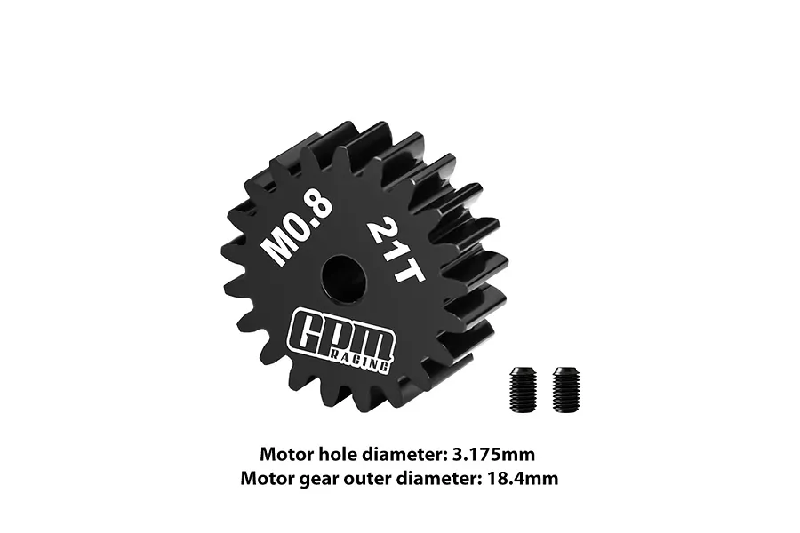 A black GPM Racing 21T 0.8 module pinion gear with two grub screws on a white background.